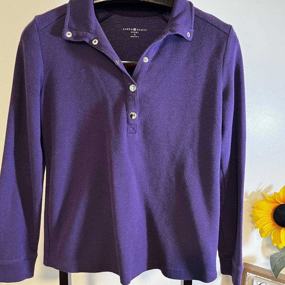 Karen Scott Sport Purple Waffle Knit Snap Button Long Sleeve Top Size S - Picture 4 of 4